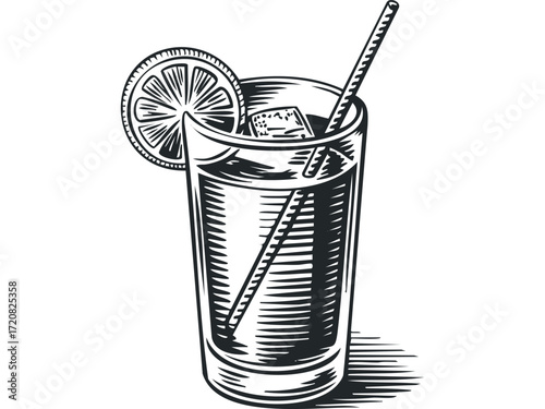 Tall glass filled with refreshing beverage and ice cubes. Vector hand drawn illustration