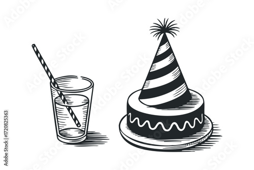 Birthday Cake and Drink with Party Hat. Vector hand drawn illustration