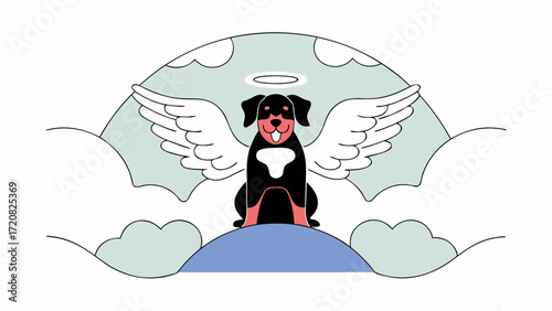 Rottweiler dog with angel wings and halo sitting on cloud in sky, peaceful and heavenly scene