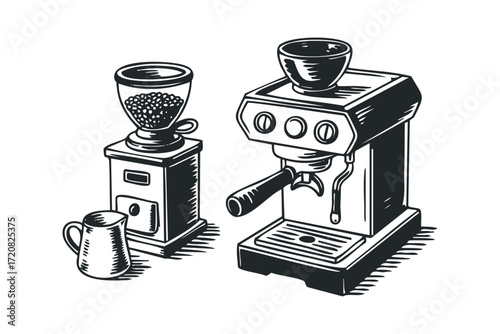Espresso machine with coffee grinder and milk pitcher. Vector hand drawn illustration