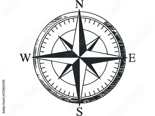 Black and White Compass Rose Design. Vector hand drawn illustration