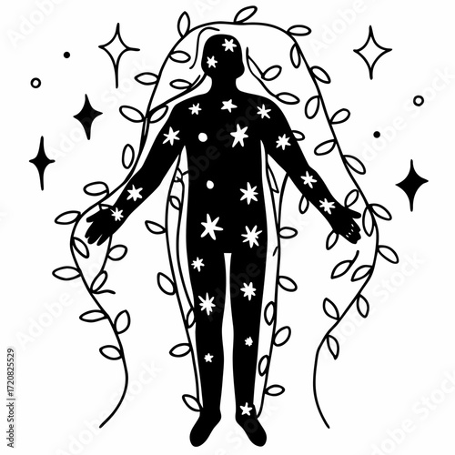Silhouette covered in celestial vines and stars radiates soft power and cosmic energy