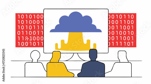 Silhouettes of people watching screen with cloud explosion and binary code background