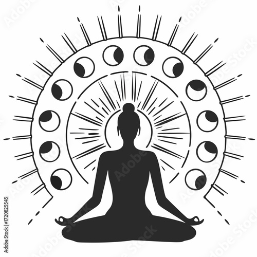 Silhouette of meditating woman with moon phases and radiant energy in spiritual harmony