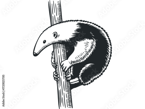 Ink drawing of anteater clinging to tree trunk. Vector hand drawn illustration