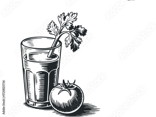 Glass of Tomato Juice with Fresh Tomato and Herb Stem. Vector hand drawn illustration