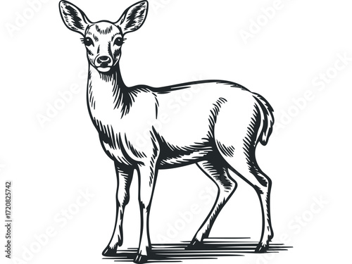 Young deer standing against white background. Vector hand drawn illustration