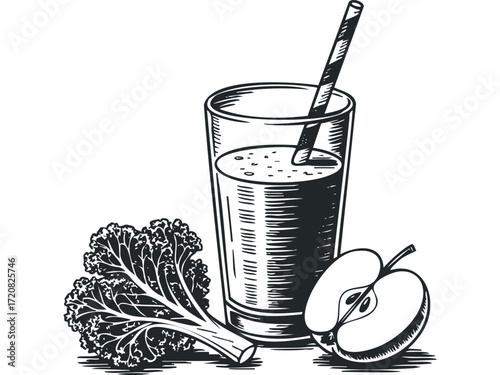 Glass of juice with kale and apple slice. Vector hand drawn illustration