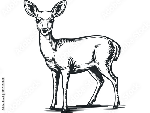 Young deer standing attentively with large ears. Vector hand drawn illustration