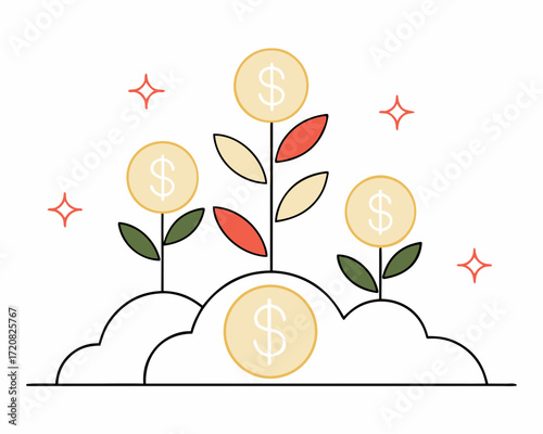 Financial growth concept with money plants growing from clouds, symbolizing wealth and sustainable success