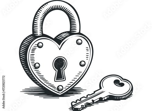 Heart shaped padlock and key graphic. Vector hand drawn illustration
