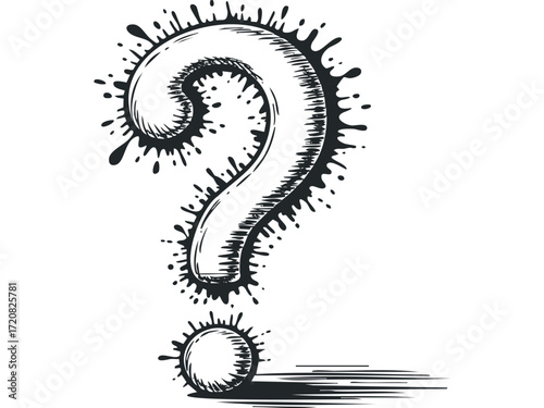 Ink splatter question mark with cast shadow. Vector hand drawn illustration