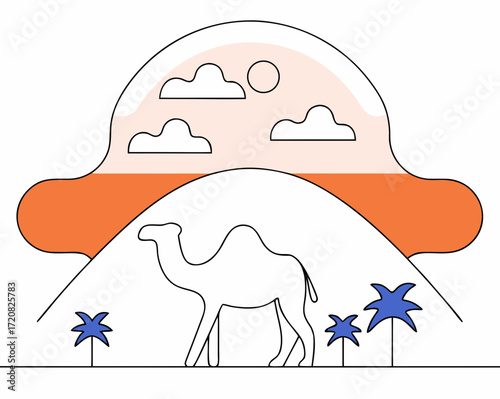 Stylized vector illustration of Arabian camel with desert sunset, clouds, and palm trees in minimal line art