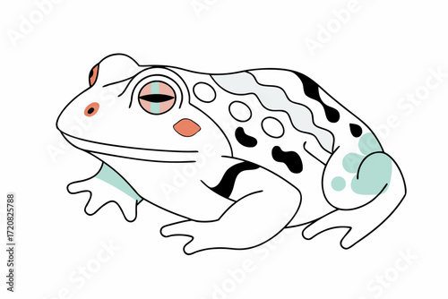 Colorful cartoon illustration of spotted frog with red cheeks and teal accents
