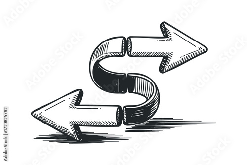Three Dimensional S Shape With Arrows Indicating Opposing Directions. Vector hand drawn illustration