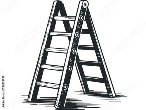 A-frame wooden ladder with cross braces. Vector hand drawn illustration