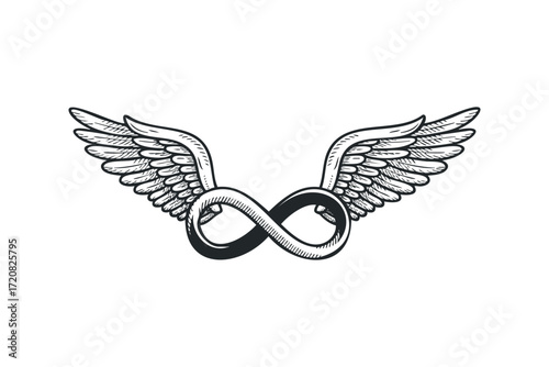 Winged Infinity Symbol Black and White Graphic. Vector hand drawn illustration