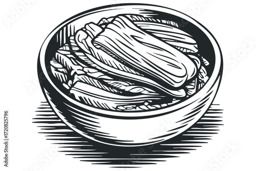 Fermented Cabbage Bowl Ink Drawing. Vector hand drawn illustration