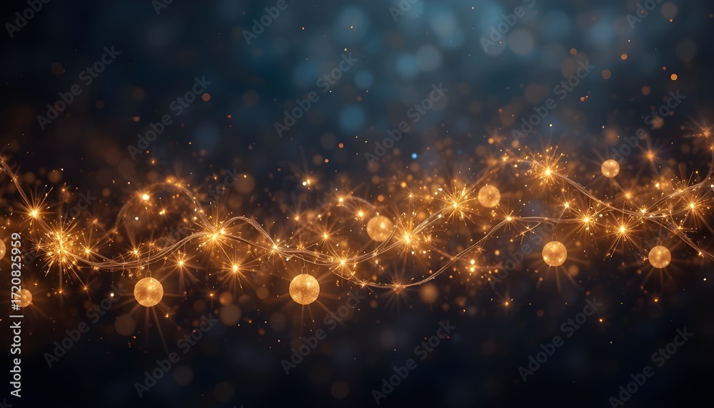 Fototapeta premium Christmas Warm Gold Garland Lights Over Dark Glittering Background