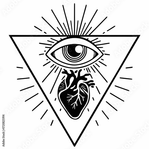 Third eye above anatomical heart inside triangle with radiant lines, symbolizing intuition and emotion