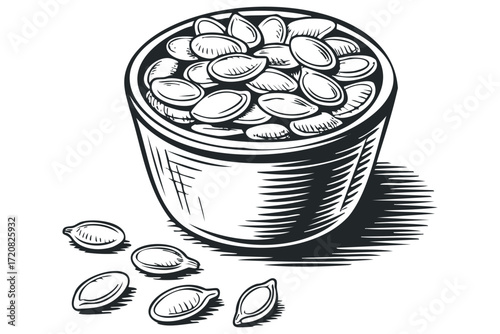 Bowl of seeds with scattered seeds. Vector hand drawn illustration