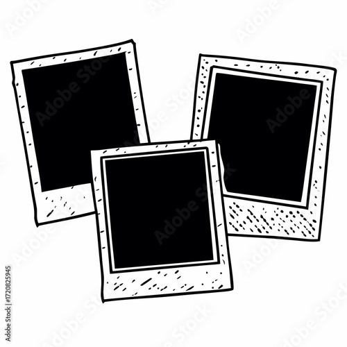 Hand drawn vintage photo frames with blank black centers, sketched in playful nostalgic style