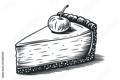 Slice of cheesecake with cherry topping. Vector hand drawn illustration
