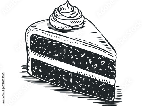 Black and white slice of layered cake with frosting swirl. Vector hand drawn illustration