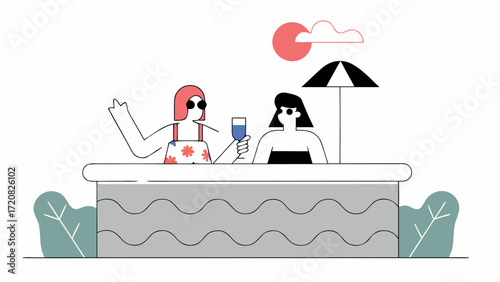 Women relaxing at poolside under sun with drink and umbrella, enjoying summer vacation