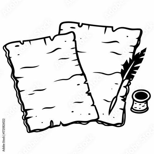 Textured aged pieces of parchment paper with feather quill and inkwell in vintage hand drawn style