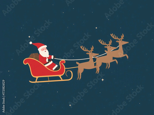 Joyful Santa Claus in his sleigh pulled by reindeer glides through a starry night sky, spreading holiday cheer and delivering gifts on Christmas Eve, a magical scene of winter wonder.