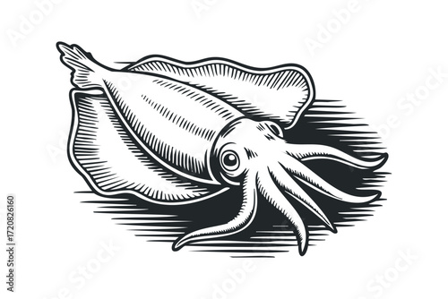 Black and White Cuttlefish Graphic. Vector hand drawn illustration