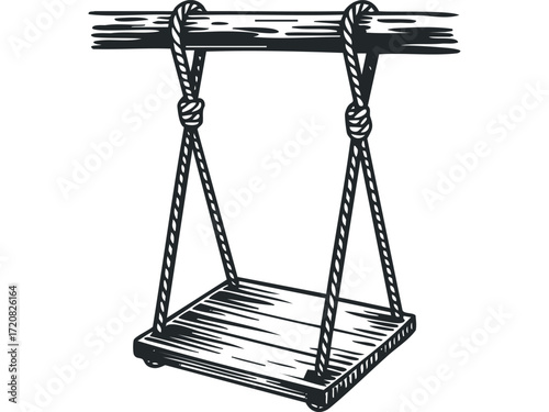Wood plank swing suspended by thick rope from tree branch. Vector hand drawn illustration