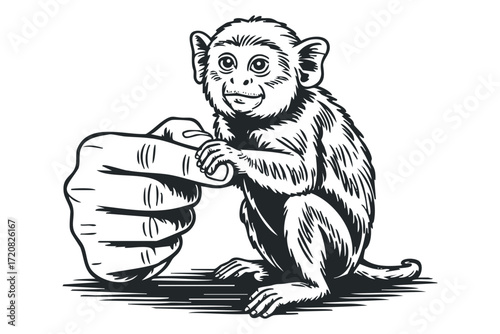 Young monkey playfully holding onto a person's finger. Vector hand drawn illustration