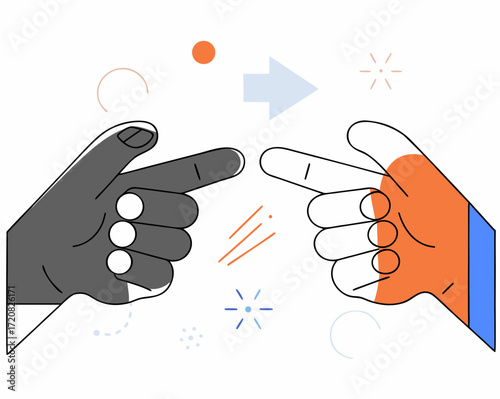 Hands pointing at each other with abstract elements, symbolizing communication or conflict