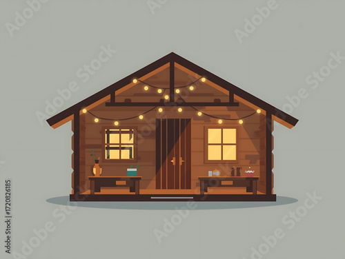 Cozy wooden cabin illuminated by warm string lights, offering a peaceful retreat with inviting interior details and a charmingly rustic aesthetic perfect for holiday or seasonal themes.