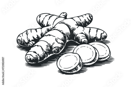 Black and white sketch of ginger root and slices. Vector hand drawn illustration