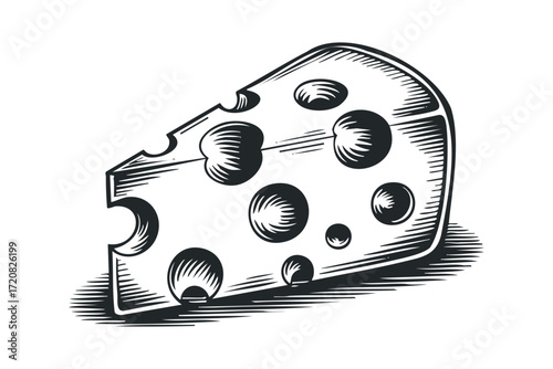 Wedge Swiss cheese with holes engraved graphic. Vector hand drawn illustration