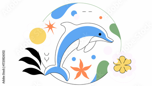 Watercolor dolphin clipart with floral elements and abstract shapes on transparency background