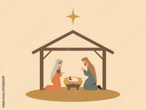 Peaceful Nativity scene with Mary, Joseph, and baby Jesus in a stable under the guiding star, evoking hope and the spirit of Christmas for joyful celebrations and religious themes.