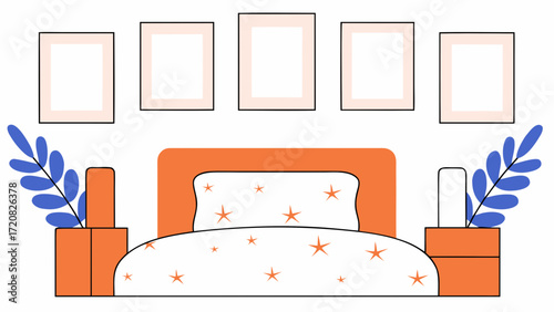 White poster frames on wall in bedroom interior with orange bed and star pattern bedding
