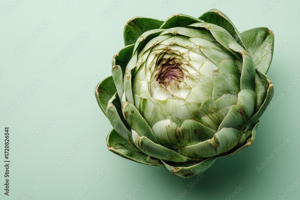 Fototapeta premium Artichoke with layered leaves opened on a soft pale mint background in a calm setting
