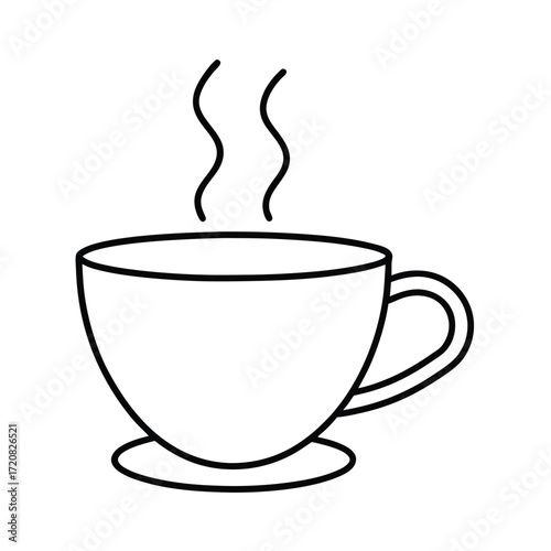 Minimalist black outline of a steaming coffee cup with clean lines perfect for beverage branding and cafe decor