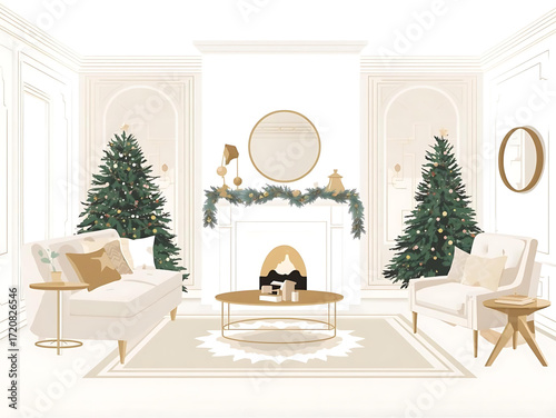 Elegant living room adorned with festive Christmas trees, a cozy fireplace, and plush seating creates a warm, inviting atmosphere for holiday celebrations and winter gatherings.
