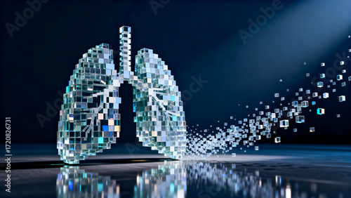 Digital lungs formed by glass cubes and dissolving into pixels. Concept of AI in medicine, data, and technology.