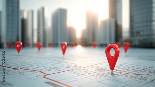 A city map with red location pins, set against a backdrop of tall, modern skyscrapers in soft daylight