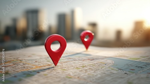A city map with two red location markers in the foreground and blurred skyscrapers in the background