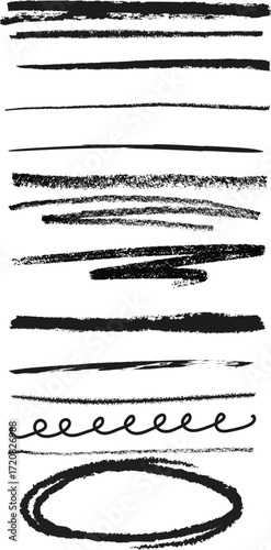 Crayon stroke underline set - hand drawn black grunge line borders, rough edges sketch dividers. Pencil scribble graphic elements for text highlighting, emphasis in design projects.