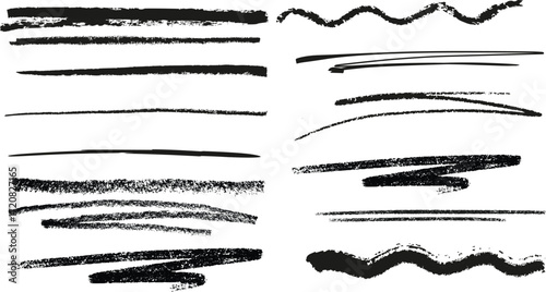 Crayon stroke underline set - hand drawn black grunge line borders, rough edges sketch dividers. Pencil scribble graphic elements for text highlighting, emphasis in design projects.