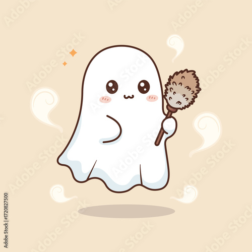 Cute Ghost Cleaning with a Duster Kawaii Cartoon. vector illustration